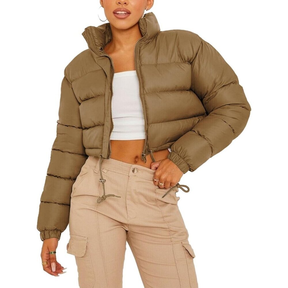 Women's Short Down Khaki Puffer Jacket Coat Winter Warm Zip Up Bubble Pocket